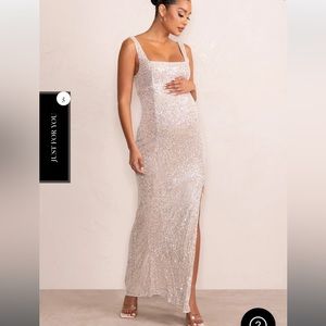SPARKLE MAMA NUDE MATERNITY SEQUIN SPLIT HEM MAXI DRESS - Club L London